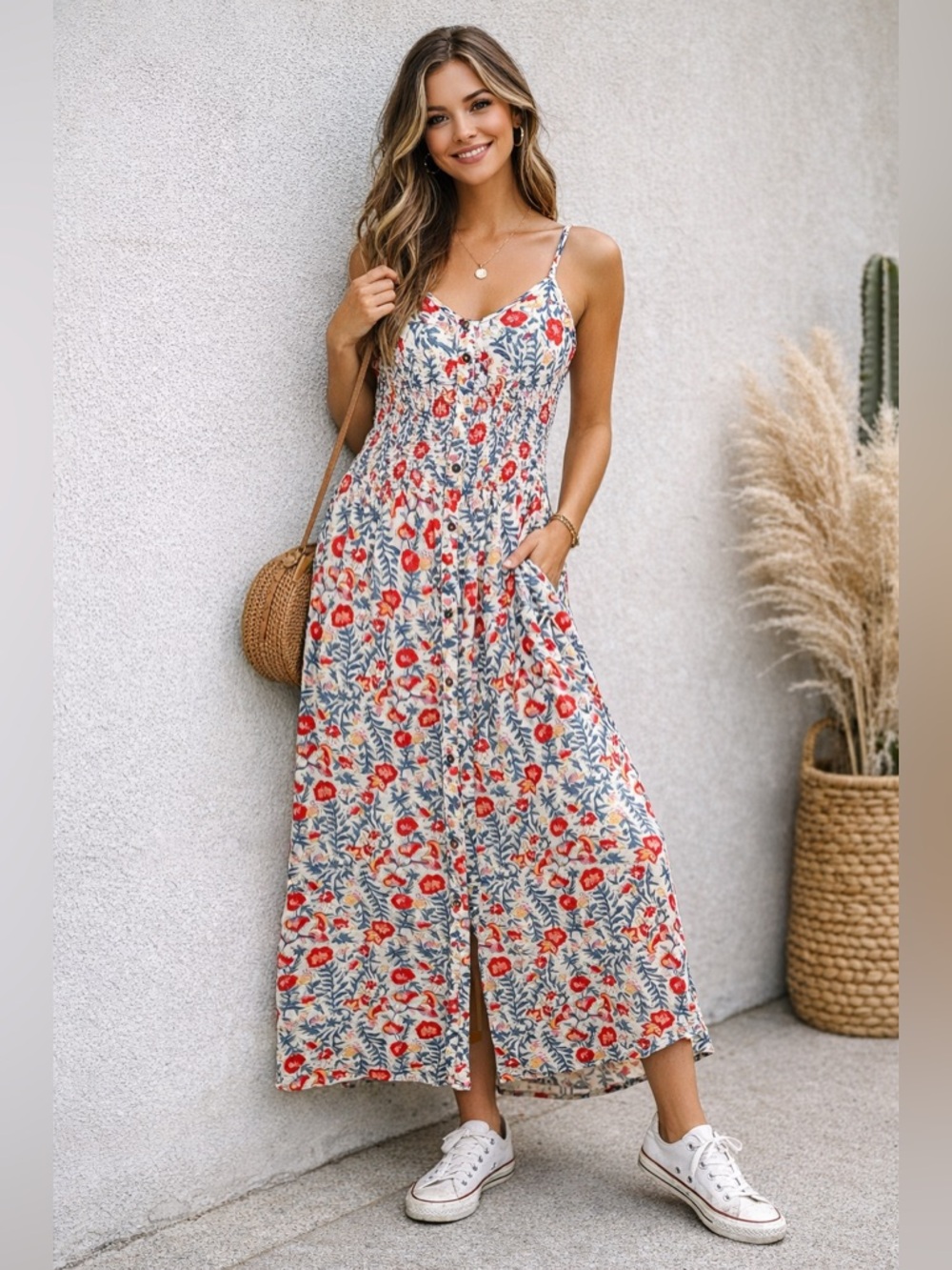 Billabong Floral Maxi Dress Boho Button Front Sundress Medium